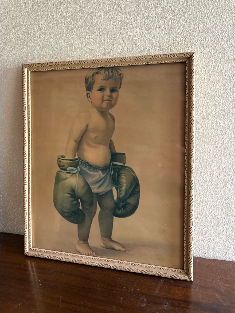 Vintage Baby Boxer Wall Art Print in Green and Cream